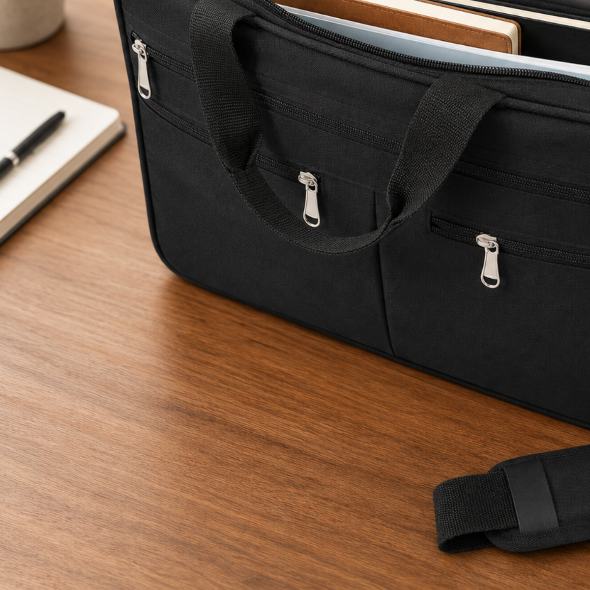 Multi-Purpose Heavy-Duty Black Canvas Tote Bag with 17 Pockets, 5 Zippers, Adjustable Shoulder Strap and Reinforced Bottom – Soft-Sided Tool, Work and Laptop Carrying Bag, 16.5 x 11 x 6 Inches