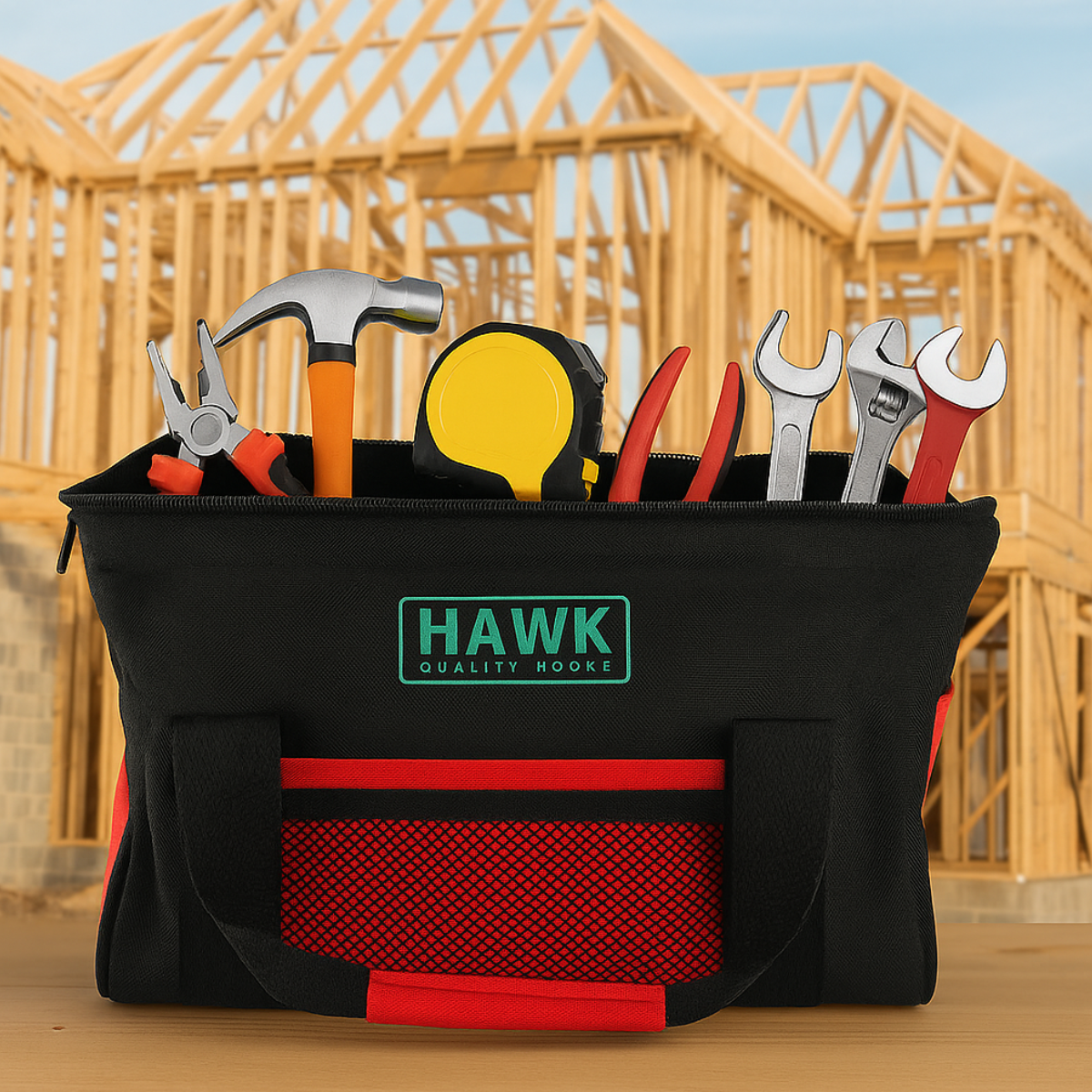 Soft-Sided Tool Bag with 21 Pockets – Opens Like a Doctor’s Bag – Black with Red Trim – 12” Compact Organizer for Hand Tools, Drill, or Craft Supplies