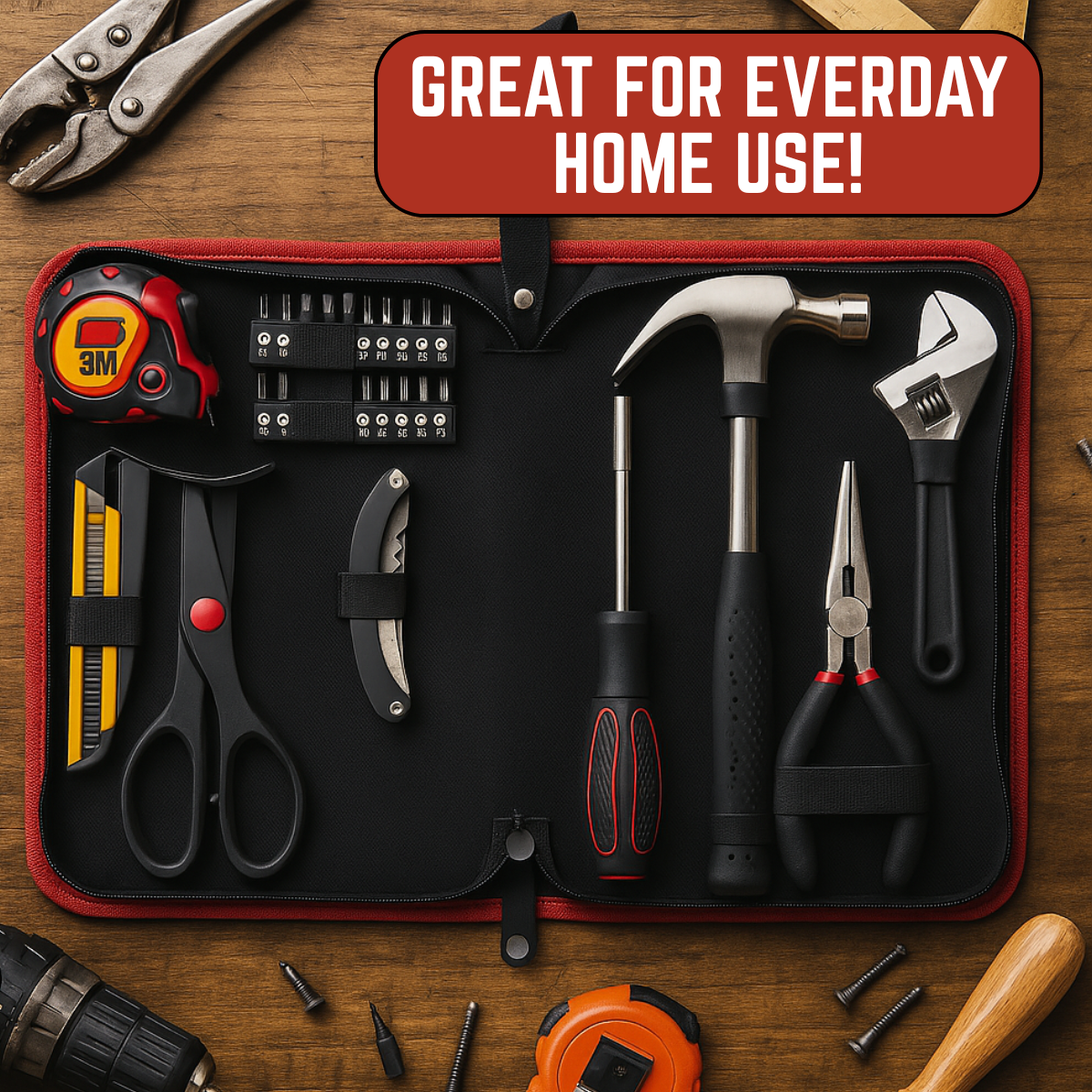 All-Purpose 8-Piece Tool Kit with Zippered Case – Includes Hammer, Adjustable Wrench, Pliers, Scissors, Tape Measure, Knife with Corkscrew, Multi-Bit Screwdriver & Cutter – Perfect for Home, Car, or Office