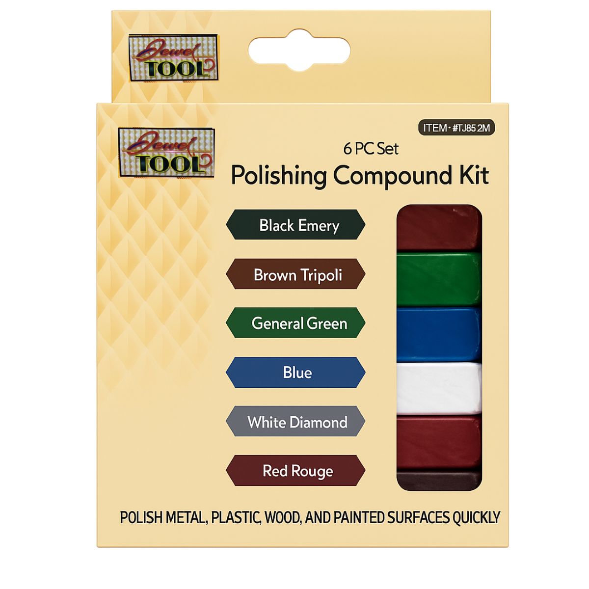 Polishing Compound Kit – 6 Piece, 4 oz Bars – Red Rouge, Black Emery, Brown Tripoli, White Diamond, Green & Blue – Metal, Wood & Plastic Buffing & Polishing