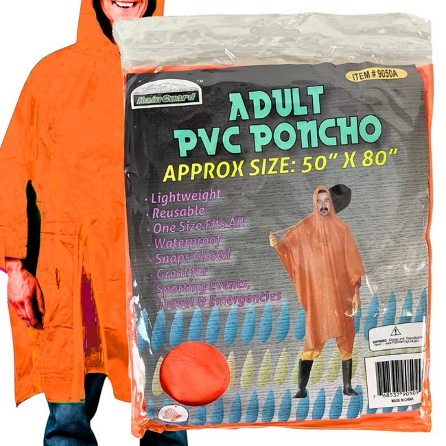 10 Mil Orange Vinyl Rain Poncho with Hood - Adult Size  - RAIN-90509