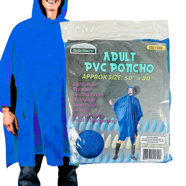 10 Mil Blue Vinyl Rain Poncho with Hood - Adult Size  - RAIN-49050