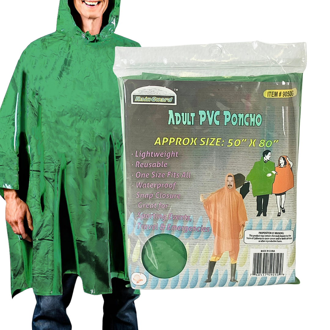 10 Mil Green Vinyl Rain Poncho with Hood - Adult Size - RAIN-59050
