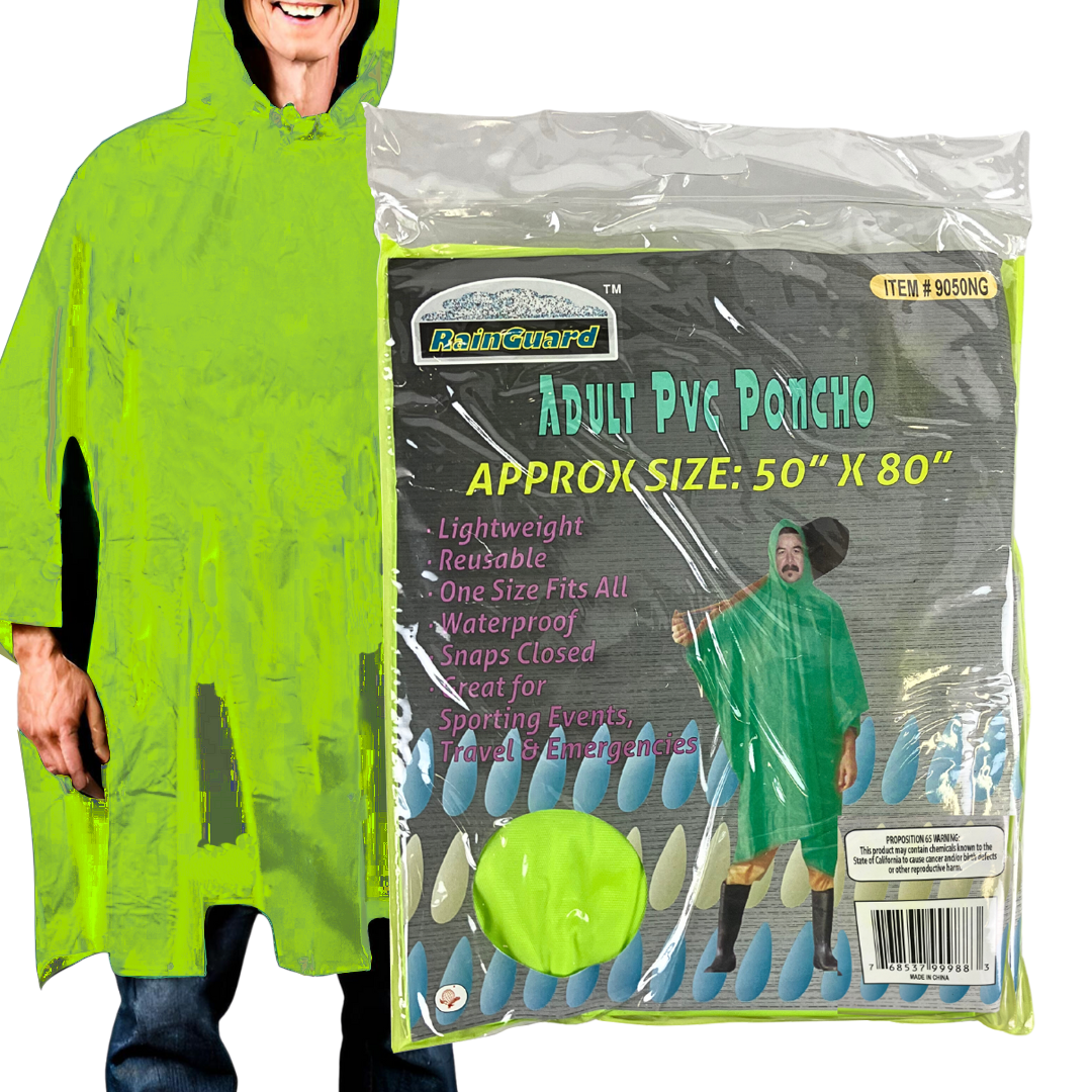 10 Mil Neon Green Vinyl Rain Poncho with Hood - Adult Size  - RAIN-99988