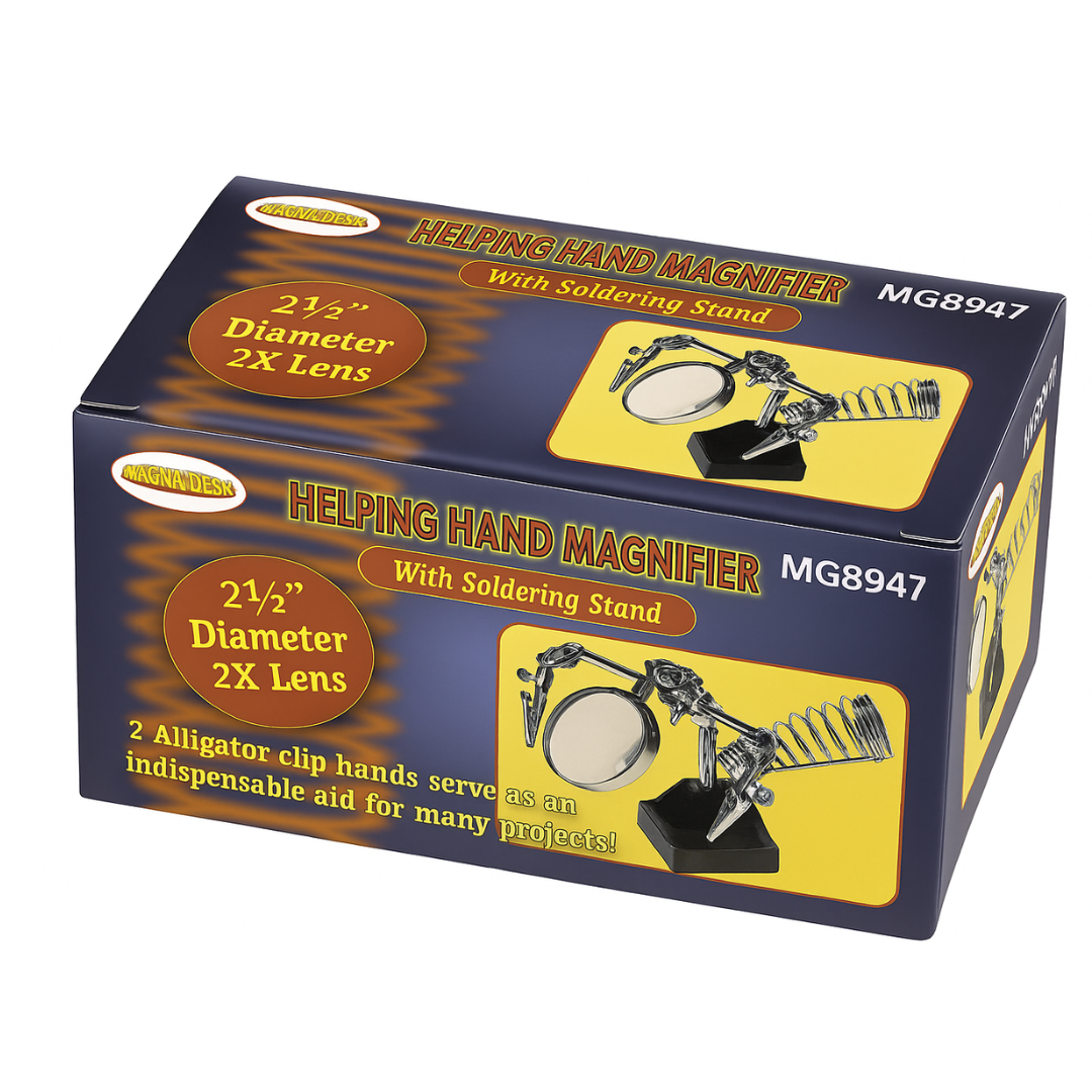 Helping Hand Magnifier with Tool Holder – 2.5" 2X Glass Lens, Adjustable Alligator Clips, Weighted Cast Iron Base with Storage Tray – Soldering & Jewelry Workstation