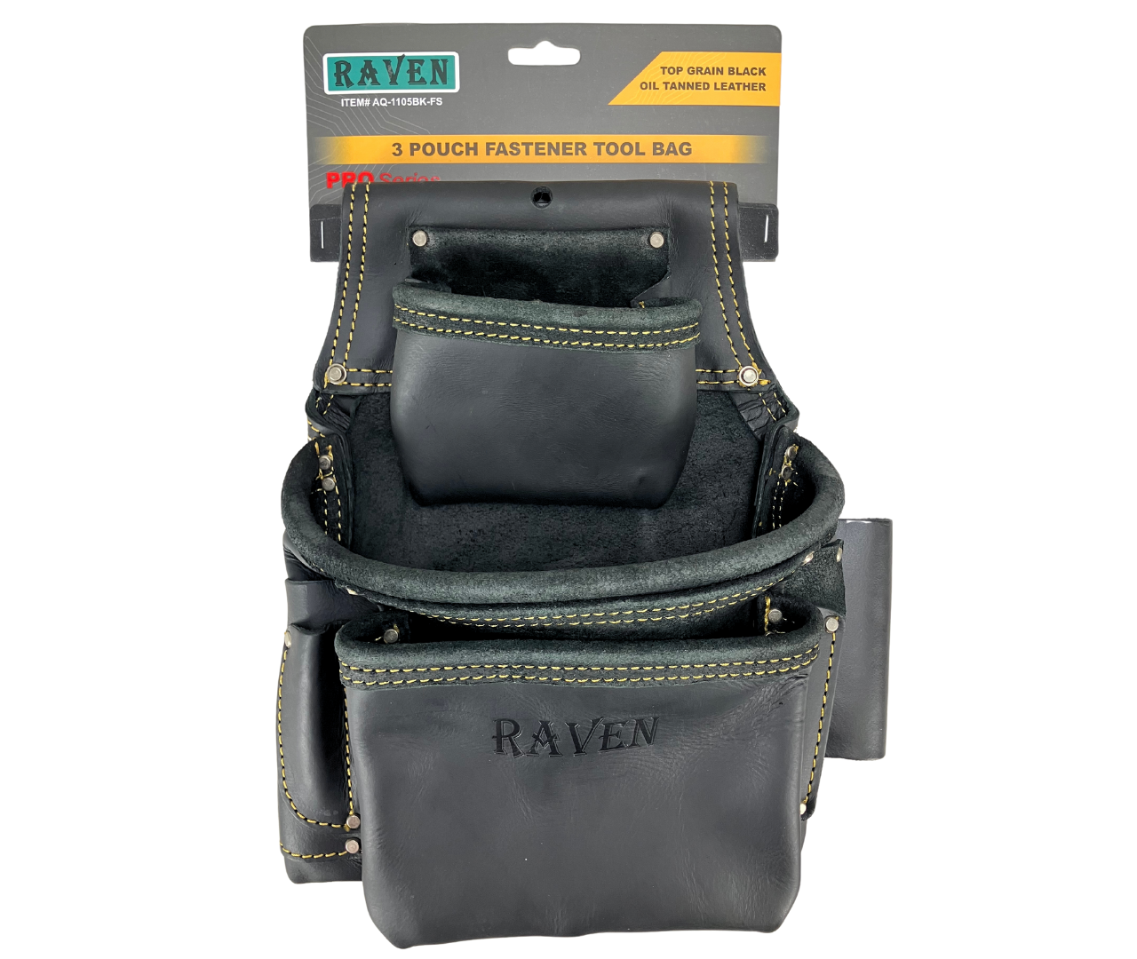 RAVEN Pro Series 3 Pouch Fastener Tool Pouch | Top Grain Black Oil Tanned Leather | Perfect for Professional Construction Worker