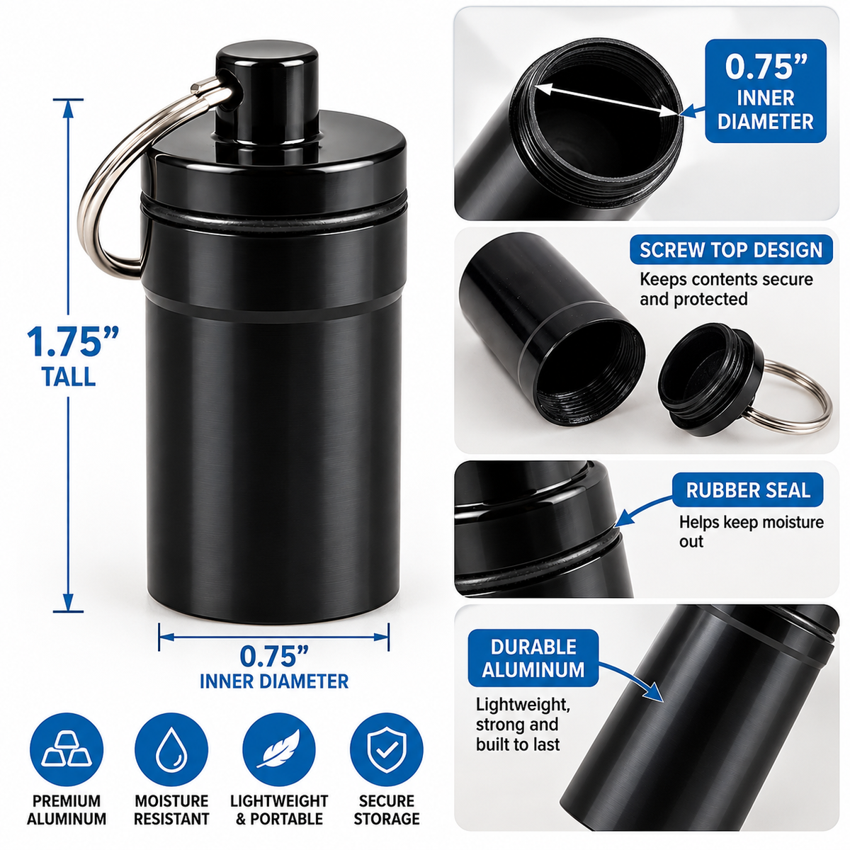 Keychain Pill Container, Black Aluminum Pocket Capsule with Screw Top and Rubber Seal, Portable Travel Storage, 1.75-Inch Tall