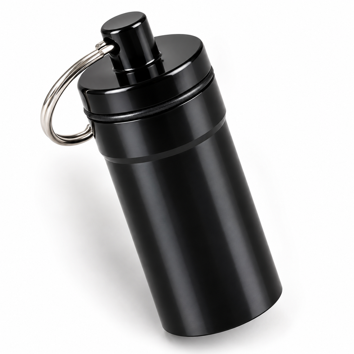 Keychain Pill Container, Black Aluminum Pocket Capsule with Screw Top and Rubber Seal, Portable Travel Storage, 1.75-Inch Tall