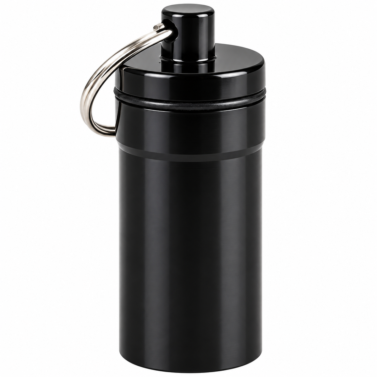 Keychain Pill Container, Black Aluminum Pocket Capsule with Screw Top and Rubber Seal, Portable Travel Storage, 1.75-Inch Tall