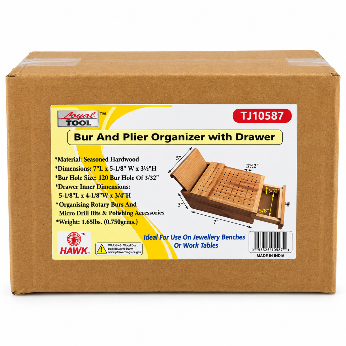 Wooden Bur and Plier Organizer with Drawer – 120 Hole Hardwood Rotary Tool Bit Holder, Jewelry Making Tool Storage Stand for Burs, Drill Bits, Polishing Accessories and Pliers