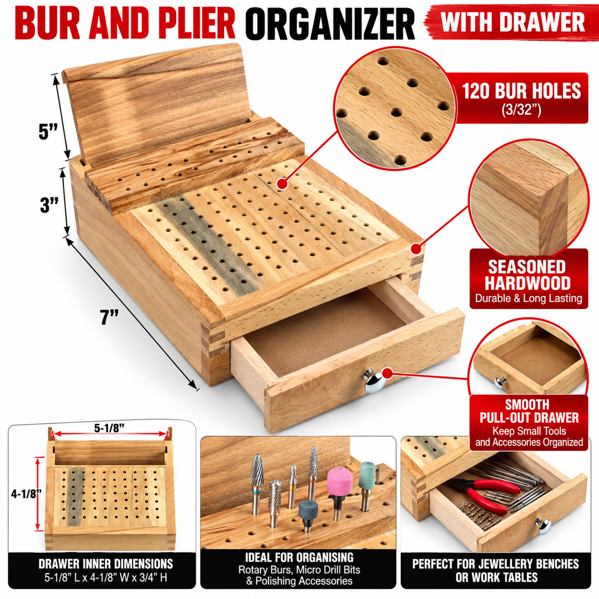 Wooden Bur and Plier Organizer with Drawer – 120 Hole Hardwood Rotary Tool Bit Holder, Jewelry Making Tool Storage Stand for Burs, Drill Bits, Polishing Accessories and Pliers