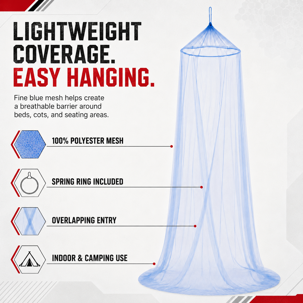 Blue Mosquito Bed Net with Hanging Ring, 100% Polyester, 8.2-Foot Height, 26.2-Foot Bottom Circumference – CAM-90619