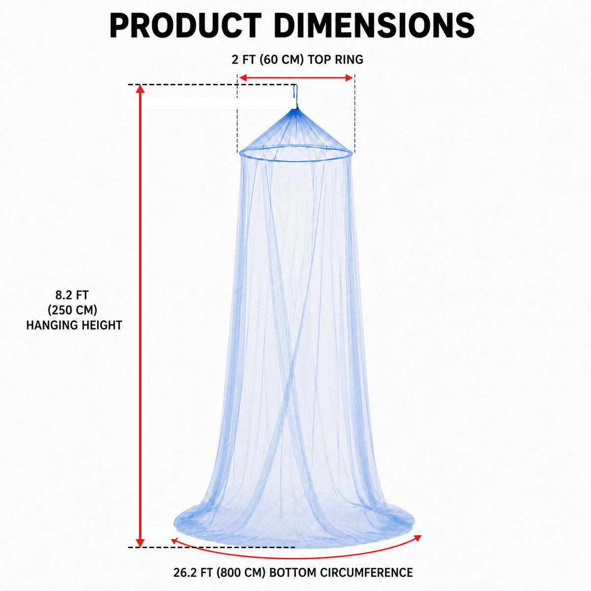 Blue Mosquito Bed Net with Hanging Ring, 100% Polyester, 8.2-Foot Height, 26.2-Foot Bottom Circumference – CAM-90619