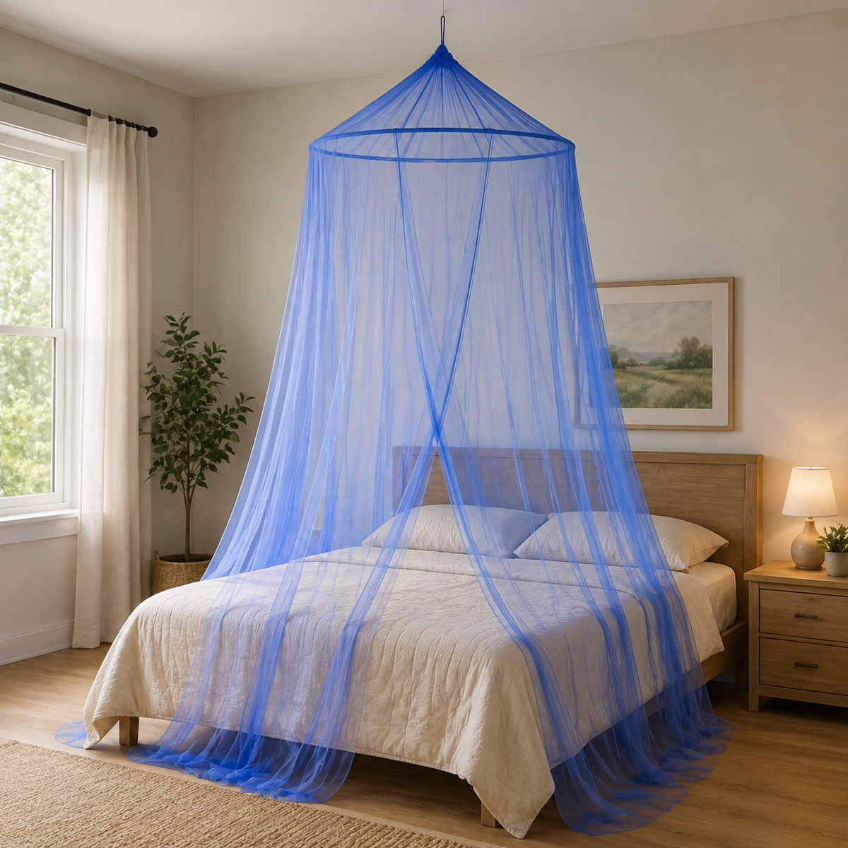 Blue Mosquito Bed Net with Hanging Ring, 100% Polyester, 8.2-Foot Height, 26.2-Foot Bottom Circumference – CAM-90619