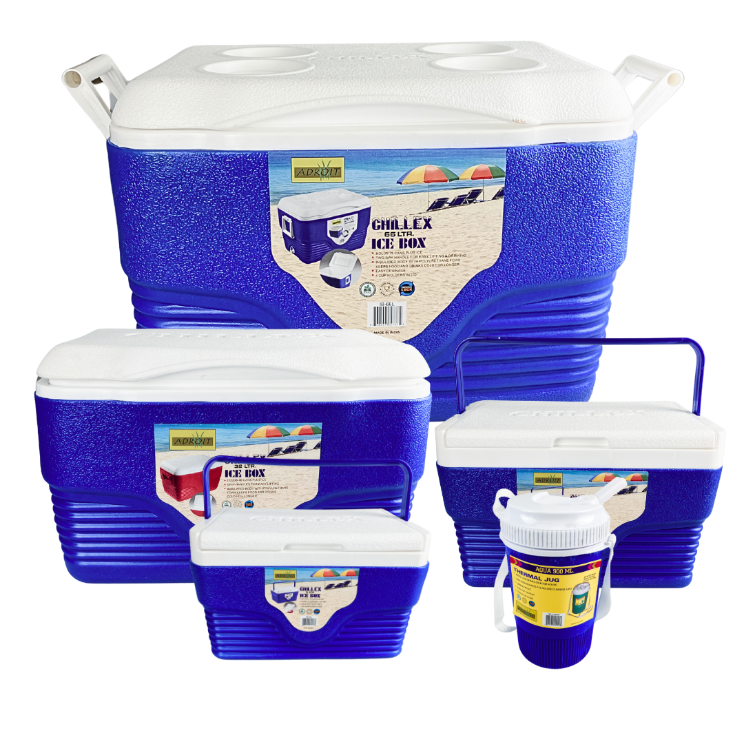 5 Pc. Ice Box Set – 66L, 32L, 10L, 5L & 900ml Jug | Heavy-Duty Insulated Coolers with Cup Holders | Keeps Drinks Cold for Hours | Ideal for Travel, Beach, Camping, Sports & Parties