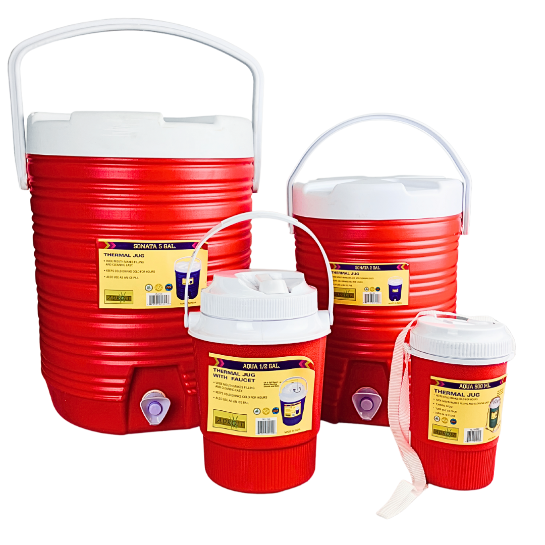 4 Pc. Thermal Jug Set – 5 Gal, 2 Gal, ½ Gal & 900ml | Cold Drink Cooler Dispenser with Faucet | Portable Insulated Water Jugs for Travel, Sports, Parties & Outdoor Adventures