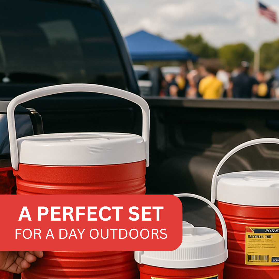 4 Pc. Thermal Jug Set – 5 Gal, 2 Gal, ½ Gal & 900ml | Cold Drink Cooler Dispenser with Faucet | Portable Insulated Water Jugs for Travel, Sports, Parties & Outdoor Adventures