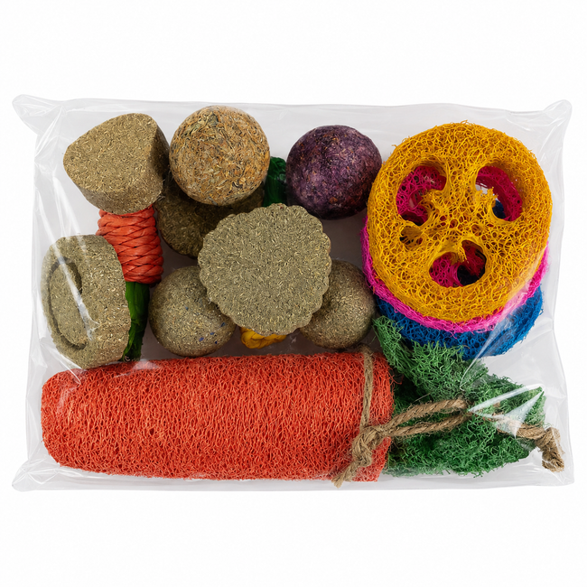 Rabbit Chew Toys Assortment – Natural Loofah, Grass & Herb Chew Toys for Rabbits, Guinea Pigs, Chinchillas & Small Animals – Colorful Dental Chews & Enrichment Toys