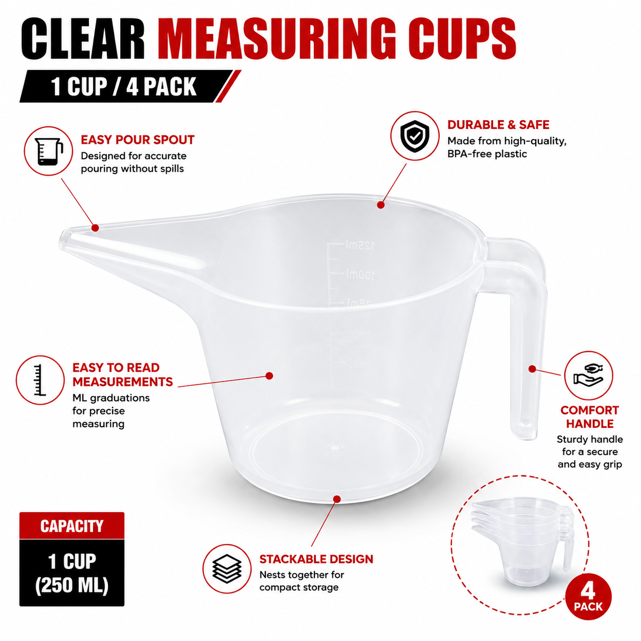 Clear Plastic Measuring Cups, 1 Cup Capacity, 4 Pack – BPA-Free Measuring Cups with Pour Spout, Handle & Measurement Markings – Microwave & Top-Rack Dishwasher Safe
