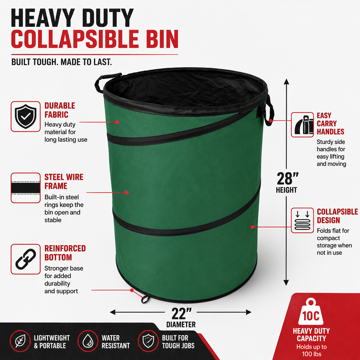 22" x 28" Collapsible Garden Waste Bag, Heavy Duty Pop-Up Yard Waste Bin with Reinforced Spring Frame & Carry Handles, Foldable Reusable Leaf Collection Bag for Lawn, Garden, Garage & Outdoor Cleanup