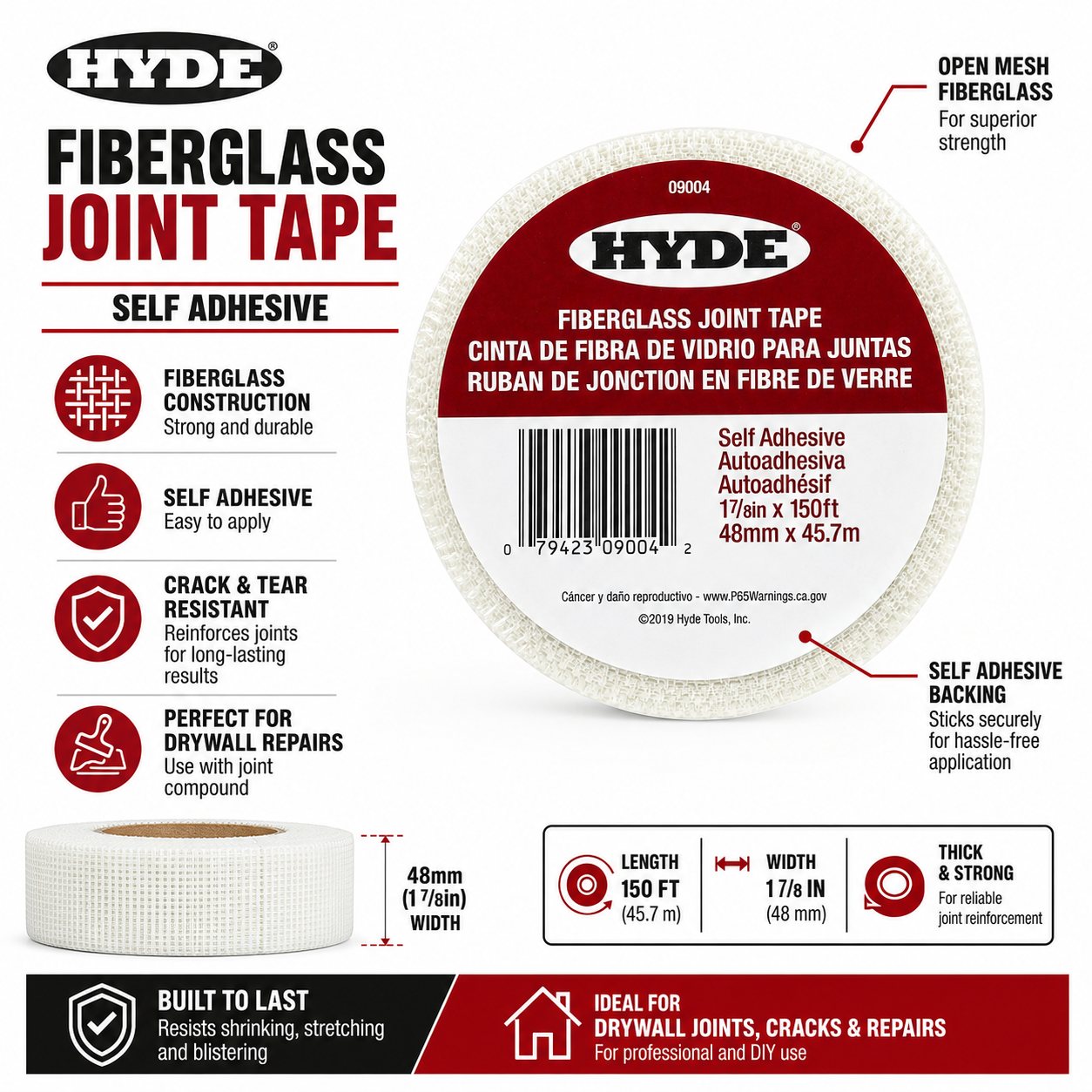 Fiberglass Drywall Joint Tape, Self-Adhesive Mesh Crack Repair Tape, 1-7/8 Inch x 150 Feet (48mm x 45.7m), Heavy-Duty Fiberglass Mesh for Drywall Seams, Wall & Ceiling Repairs