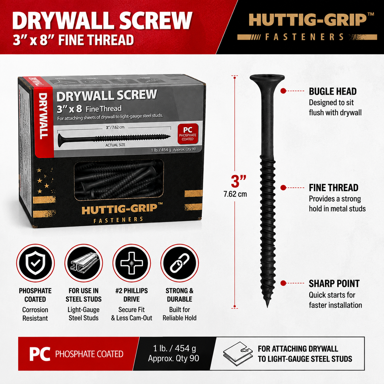 3-Inch x #8 Fine Thread Drywall Screws, Black Phosphate Coated, #2 Phillips Bugle Head, Sharp Point, Interior Drywall Fasteners for Light-Gauge Steel Studs, 1 lb Box (Approx. 90 Count)