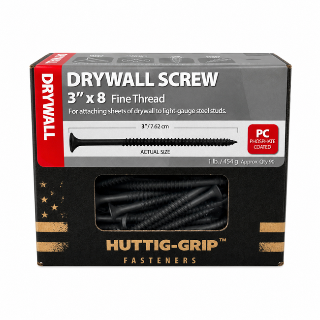 3-Inch x #8 Fine Thread Drywall Screws, Black Phosphate Coated, #2 Phillips Bugle Head, Sharp Point, Interior Drywall Fasteners for Light-Gauge Steel Studs, 1 lb Box (Approx. 90 Count)