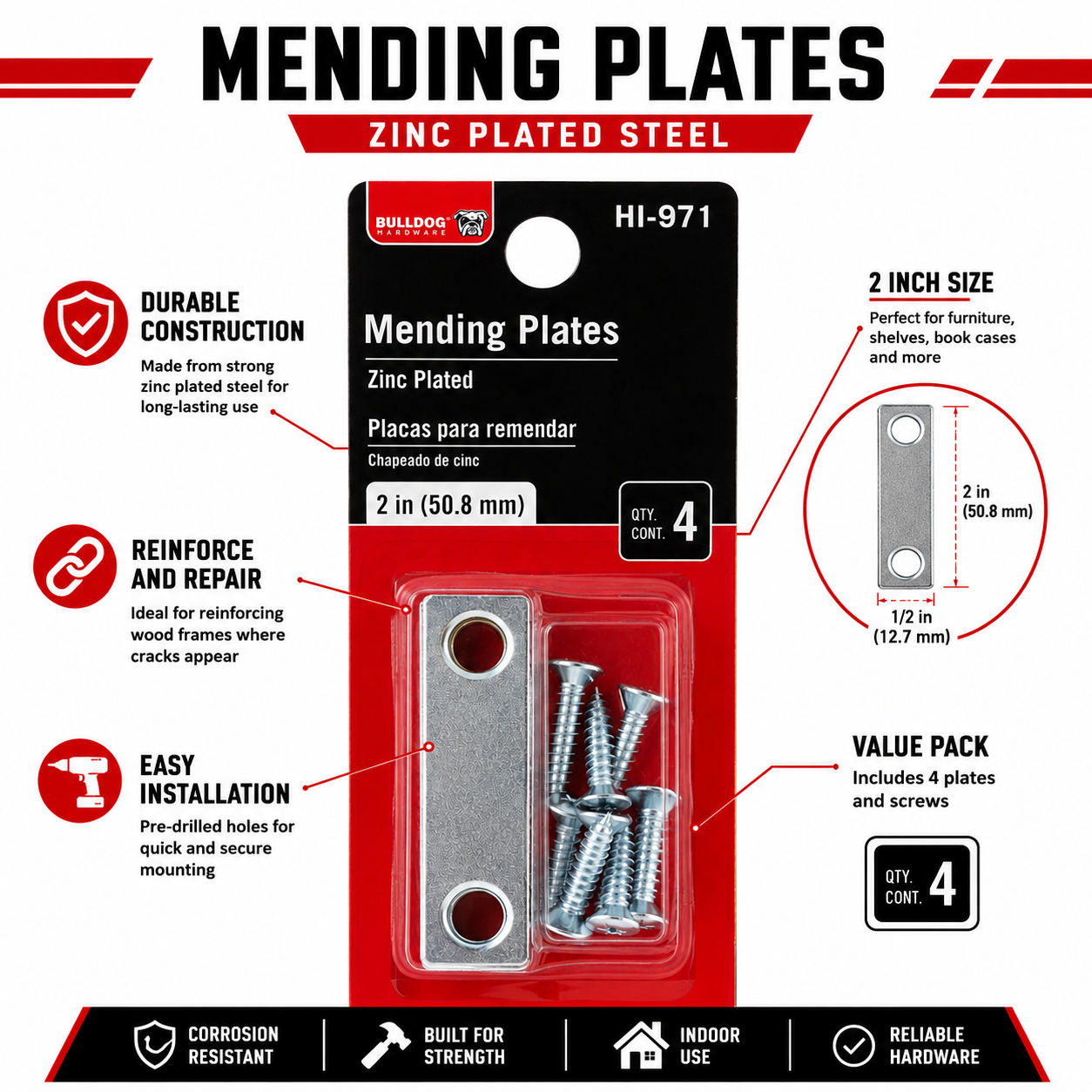 2 Inch Zinc Plated Mending Plates with Screws, 4 Pack, Flat Straight Repair Brackets for Wood Furniture, Shelves, Bookcases, Frames, and Reinforcement