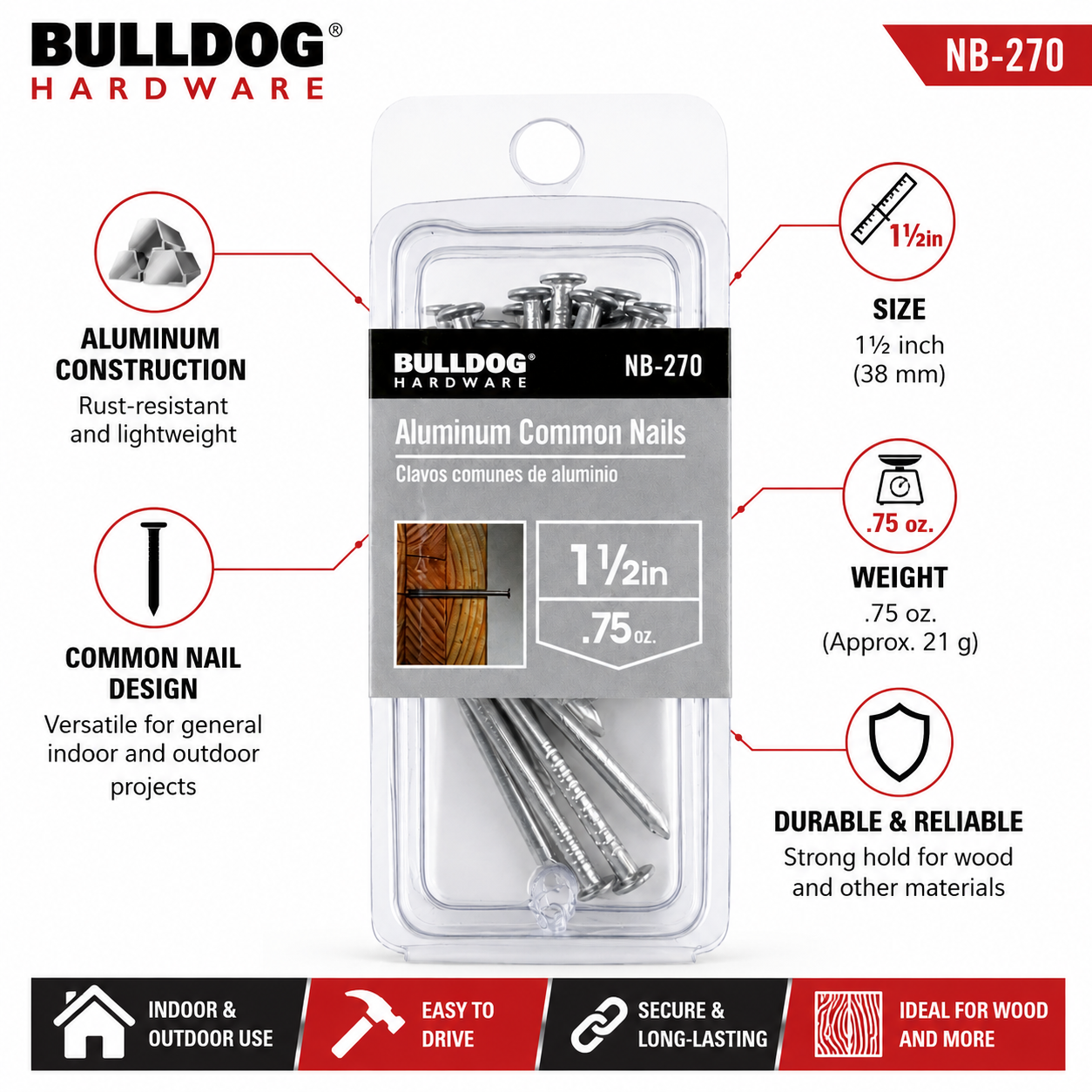 Aluminum Common Nails 1-1/2 Inch, 0.75 oz Pack, Lightweight Rust-Resistant Nails for Wood, Repairs, Crafts & General Hardware Use