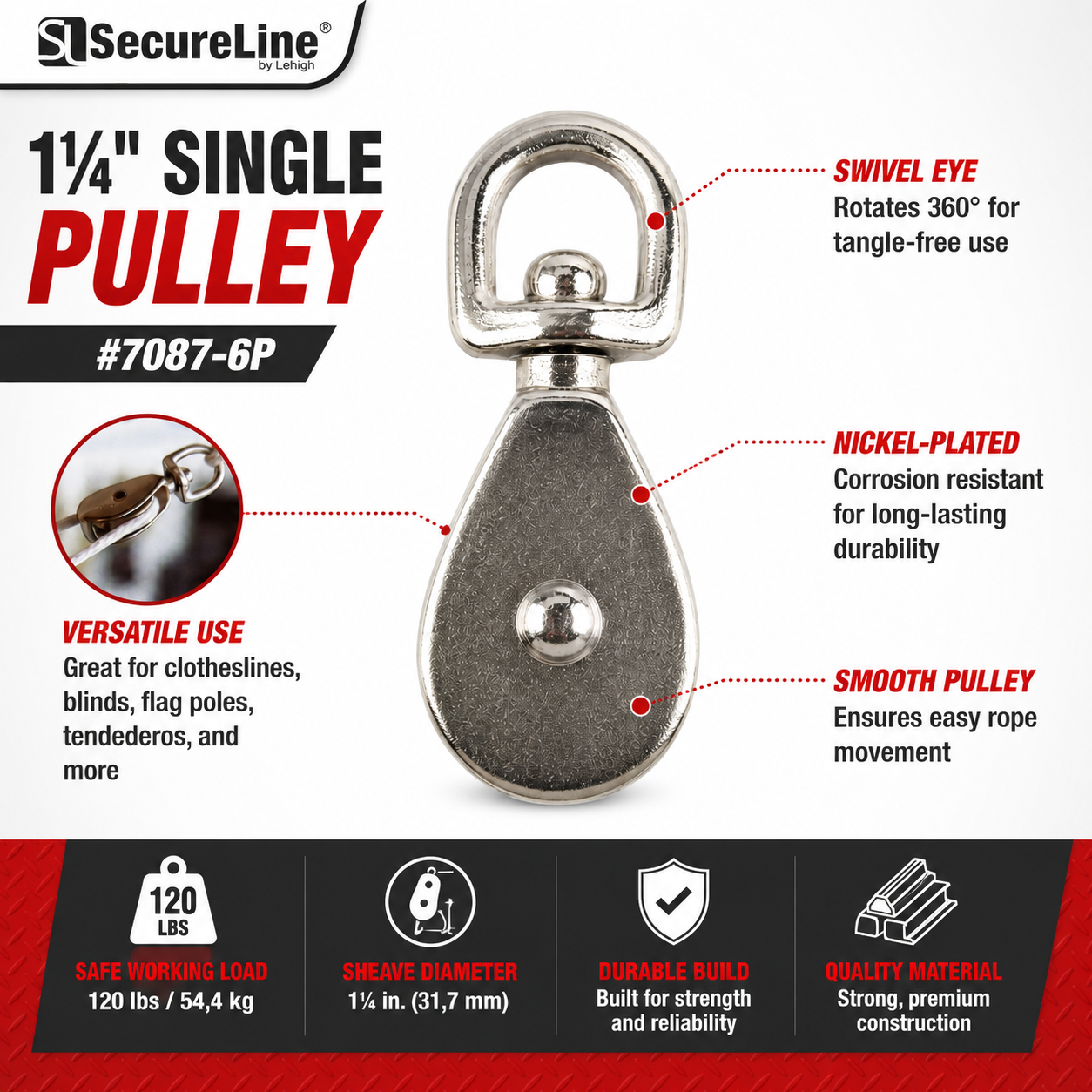 1-1/4 Inch Single Swivel Pulley, Nickel-Plated Steel, 120 lb Safe Working Load, Heavy-Duty Rope Pulley for Clotheslines, Blinds, Flag Poles, Utility & DIY Applications