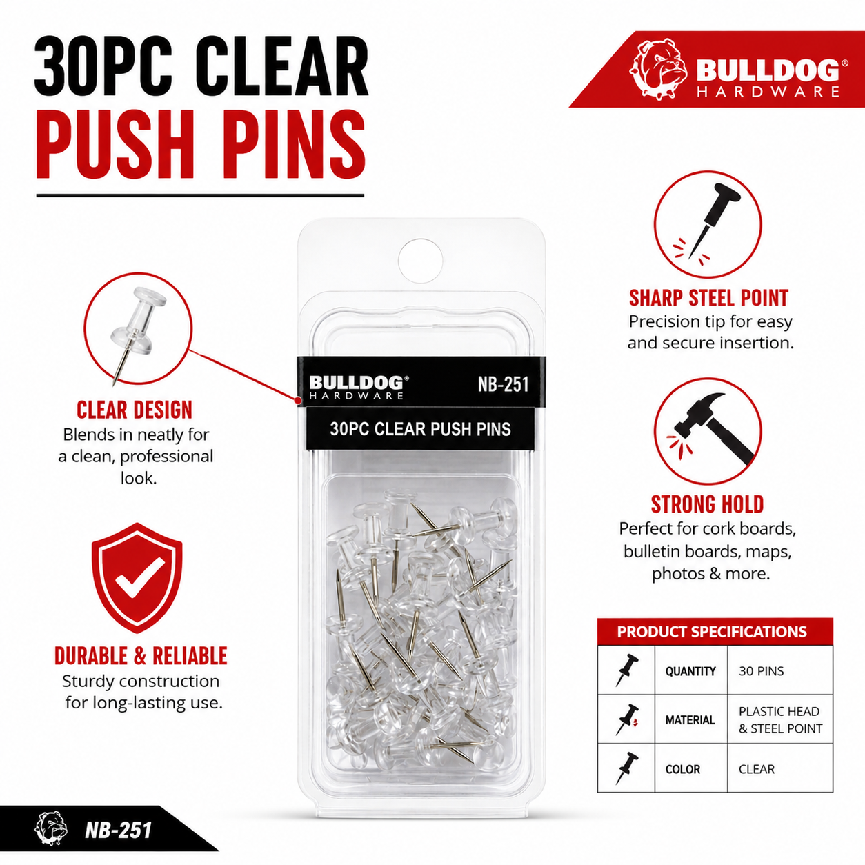 30 Clear Push Pins for Cork Boards, Bulletin Boards, Maps & Photos – Transparent Plastic Heads with Sharp Steel Points – Office, School & Home Thumb Tacks