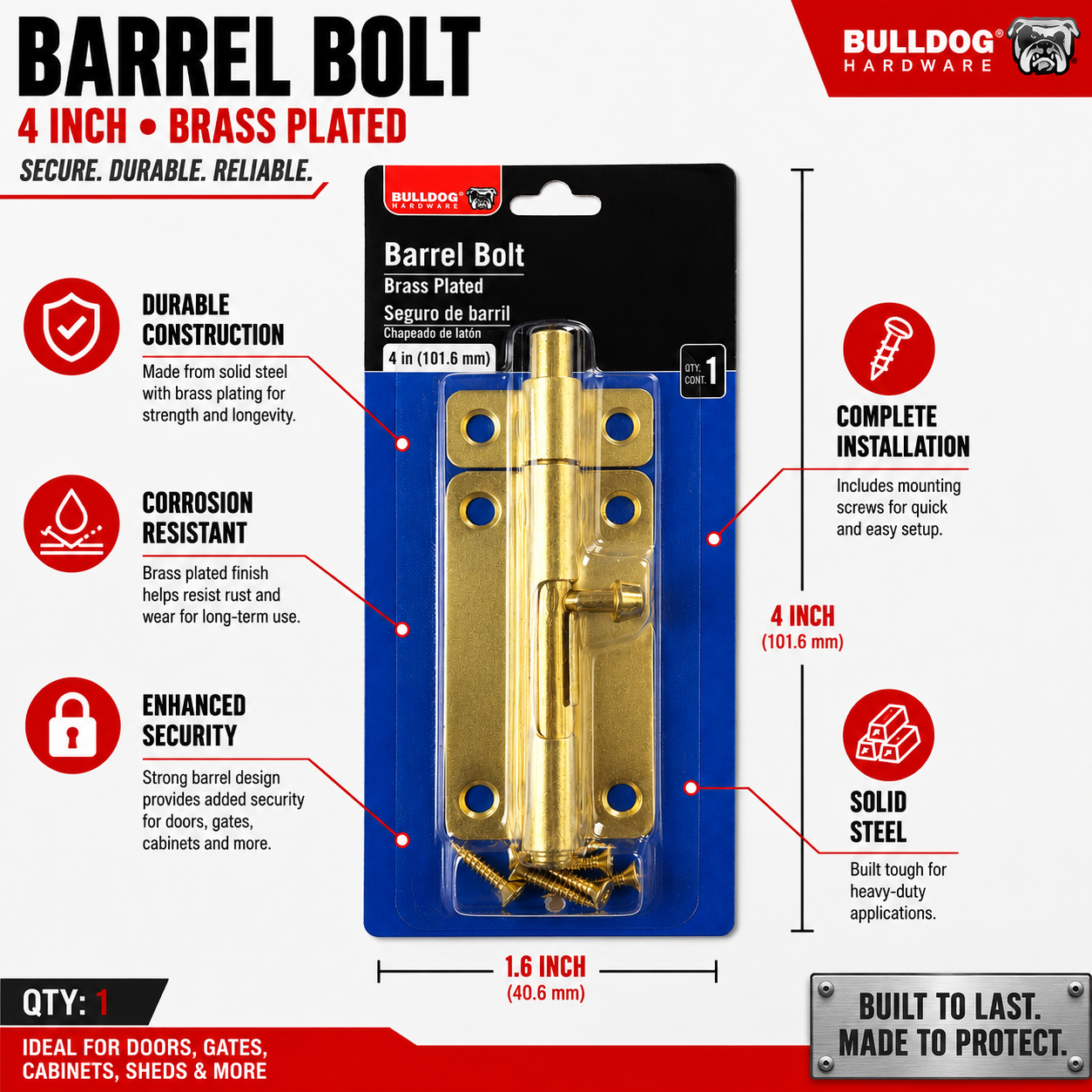4-Inch Brass Plated Barrel Bolt Door Latch – Heavy Duty Sliding Barrel Lock with Mounting Screws – Security Lock for Doors, Gates, Fences, Cabinets & Sheds