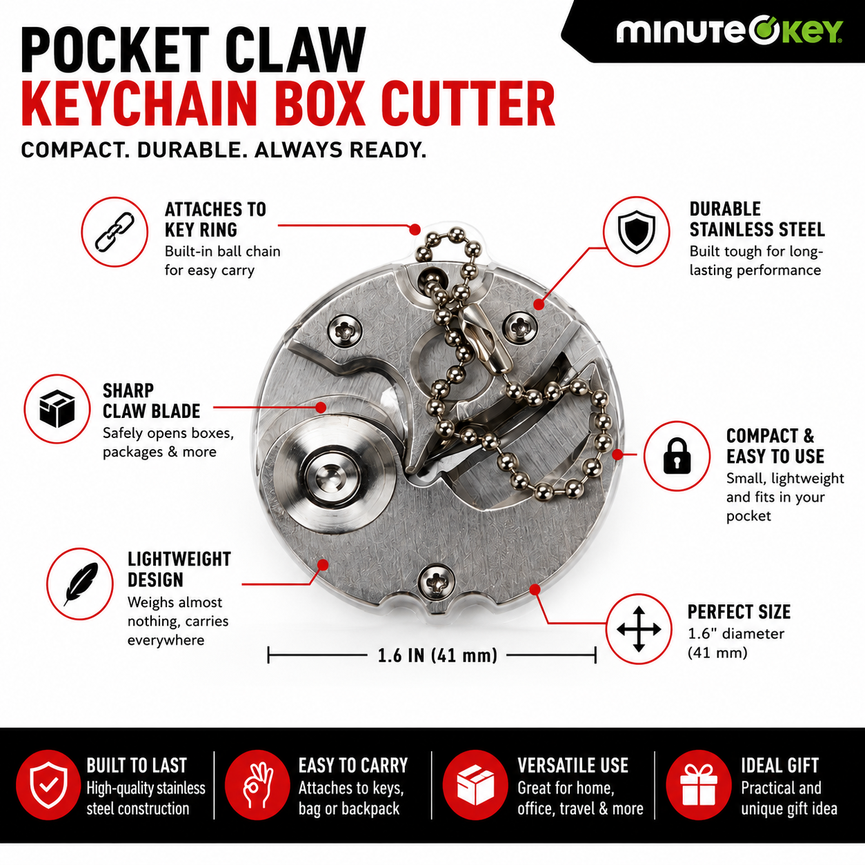 Pocket Claw Keychain Box Cutter, Compact Stainless Steel EDC Utility Knife with Key Ring, Mini Folding Package Opener for Boxes, Mail, Parcels & Everyday Carry