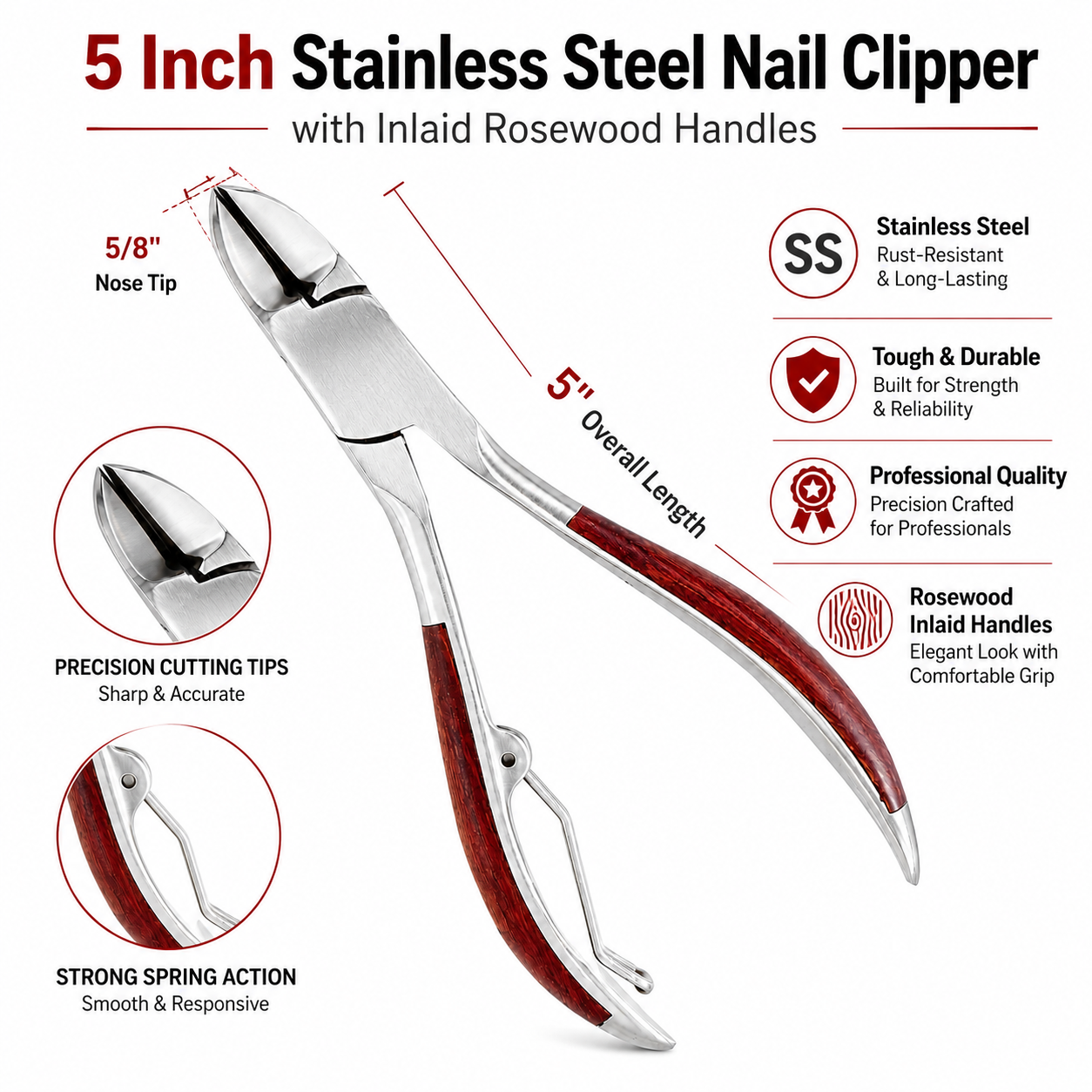 5 Inch Stainless Steel Nail Nipper with Inlaid Rosewood Handles – B-89081