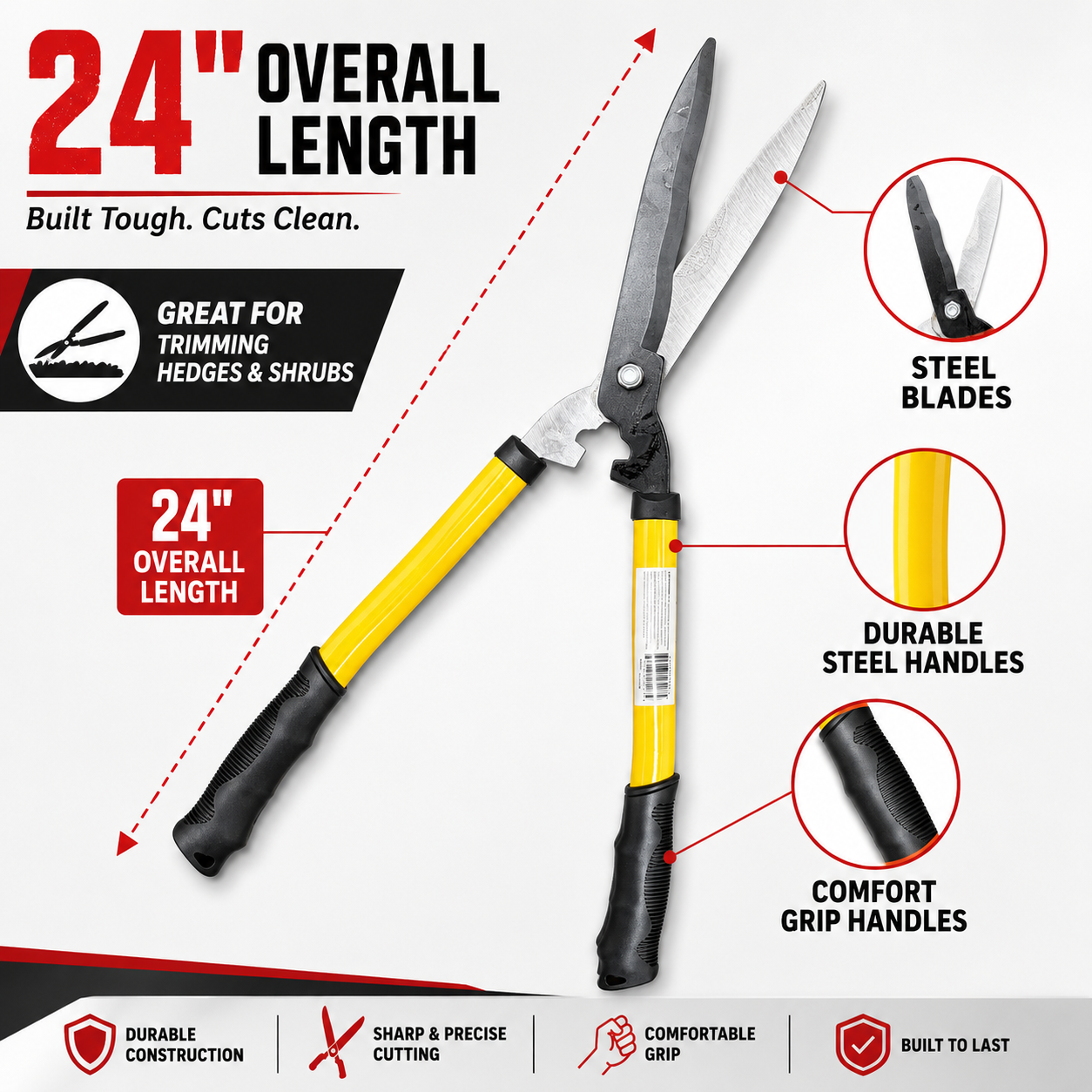24 Inch Hedge Shears with Steel Blades, Manual Hedge Clippers for Trimming Hedges, Shrubs, Bushes & Garden Plants, Yellow Steel Handles with Black Comfort Grip