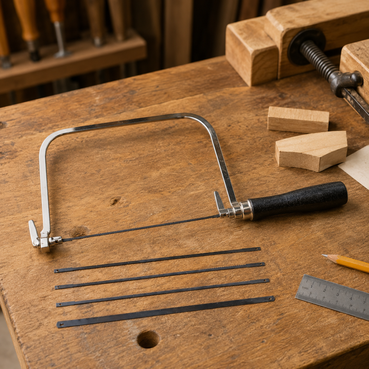 WEDGE 6" (15.2 cm) Coping Saw | Wooden Handle | Includes 5 Extra Replaceable Blades | Essential Tool for Every Workshop | Great For Precision Cutting Needs