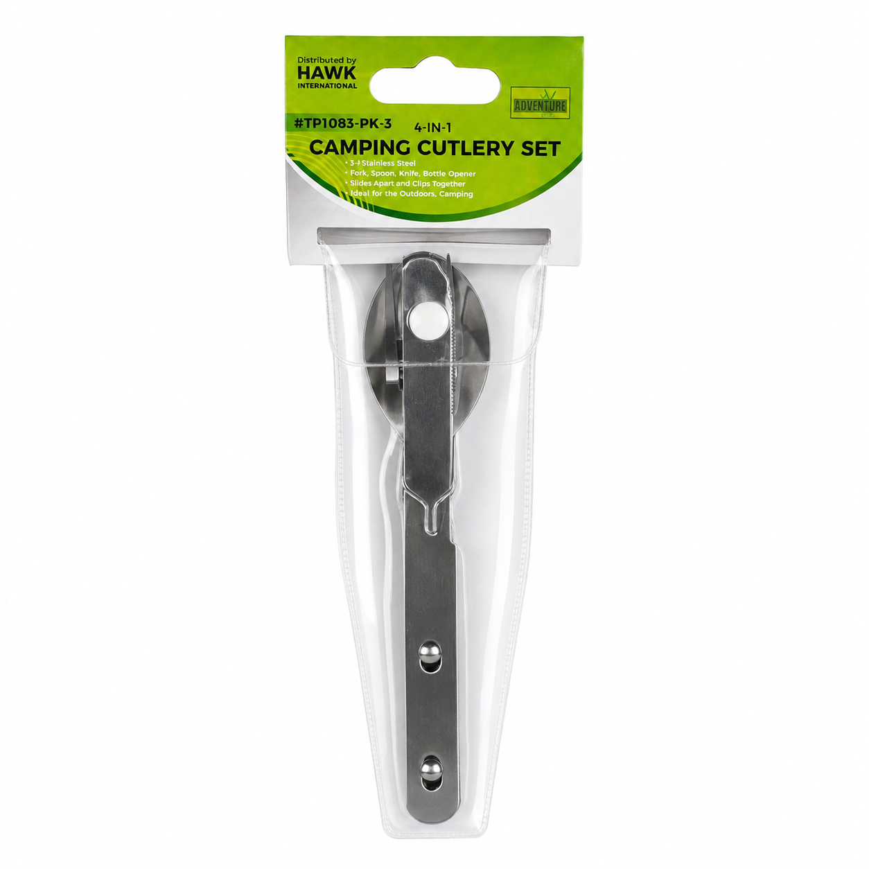 3-Piece Stainless Steel Camping Cutlery Set, Fork Spoon & Knife with Bottle Opener, 6-Inch Portable Utensil Set with Vinyl Snap Pouch for Camping, Hiking & Travel - TP-18192