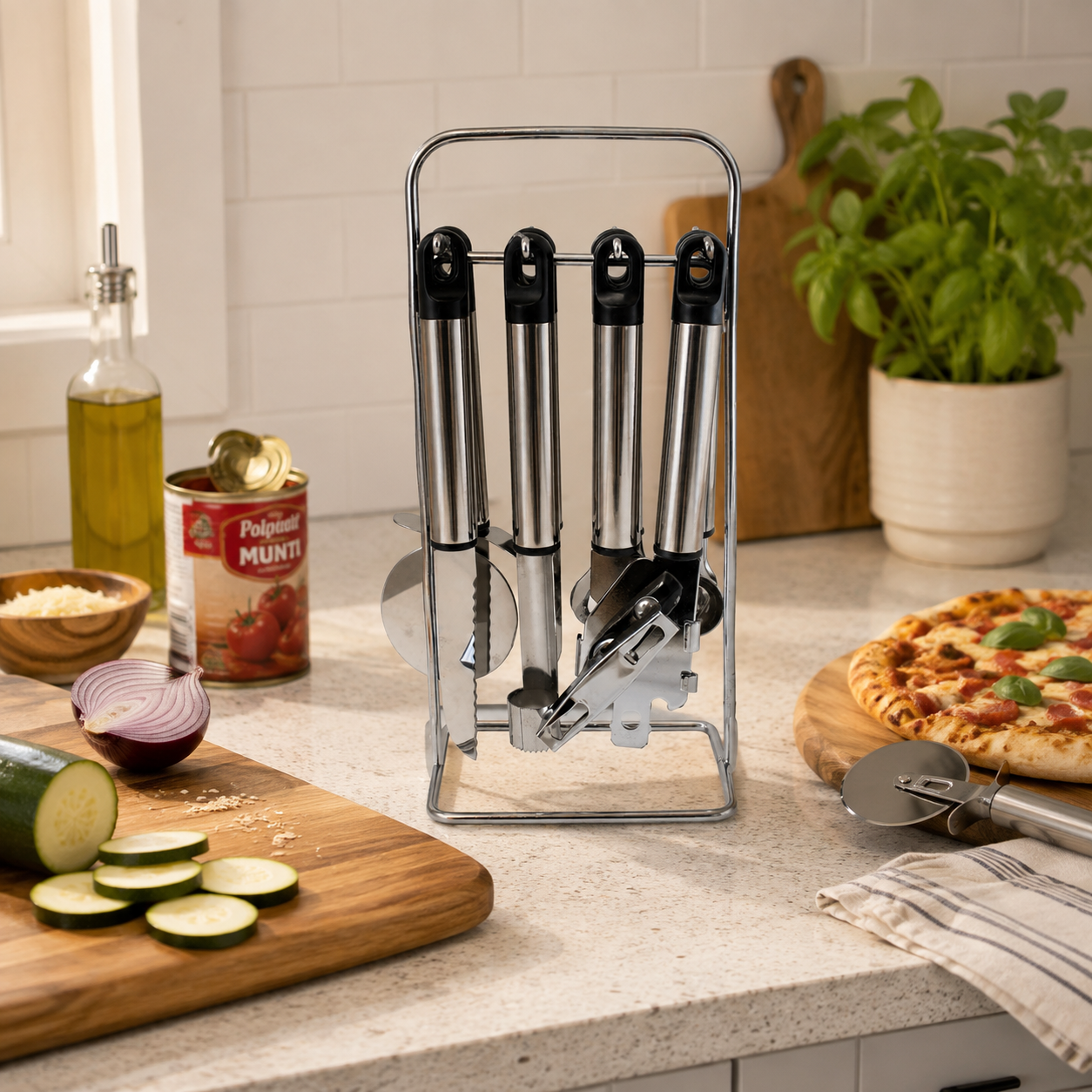 8 Piece Stainless Steel Kitchen Utensil Set with Chrome Wire Stand – Pizza Cutter, Can Opener, Peeler, Corer, Ice Cream Scoop, Knife & Bottle Opener – Space Saving Countertop Organizer