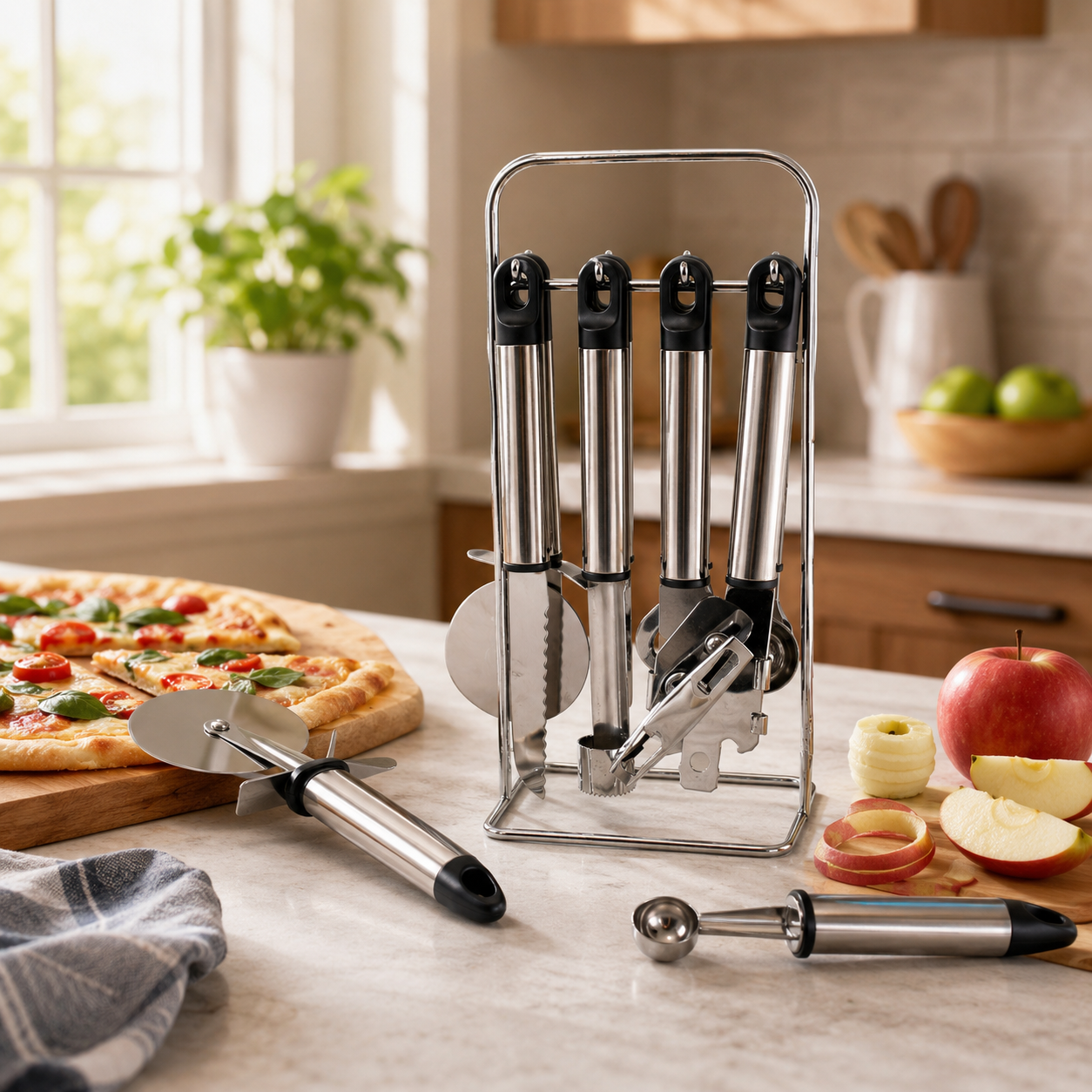 8 Piece Stainless Steel Kitchen Utensil Set with Chrome Wire Stand – Pizza Cutter, Can Opener, Peeler, Corer, Ice Cream Scoop, Knife & Bottle Opener – Space Saving Countertop Organizer