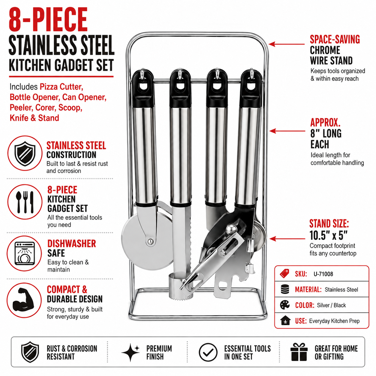 8 Piece Stainless Steel Kitchen Utensil Set with Chrome Wire Stand – Pizza Cutter, Can Opener, Peeler, Corer, Ice Cream Scoop, Knife & Bottle Opener – Space Saving Countertop Organizer