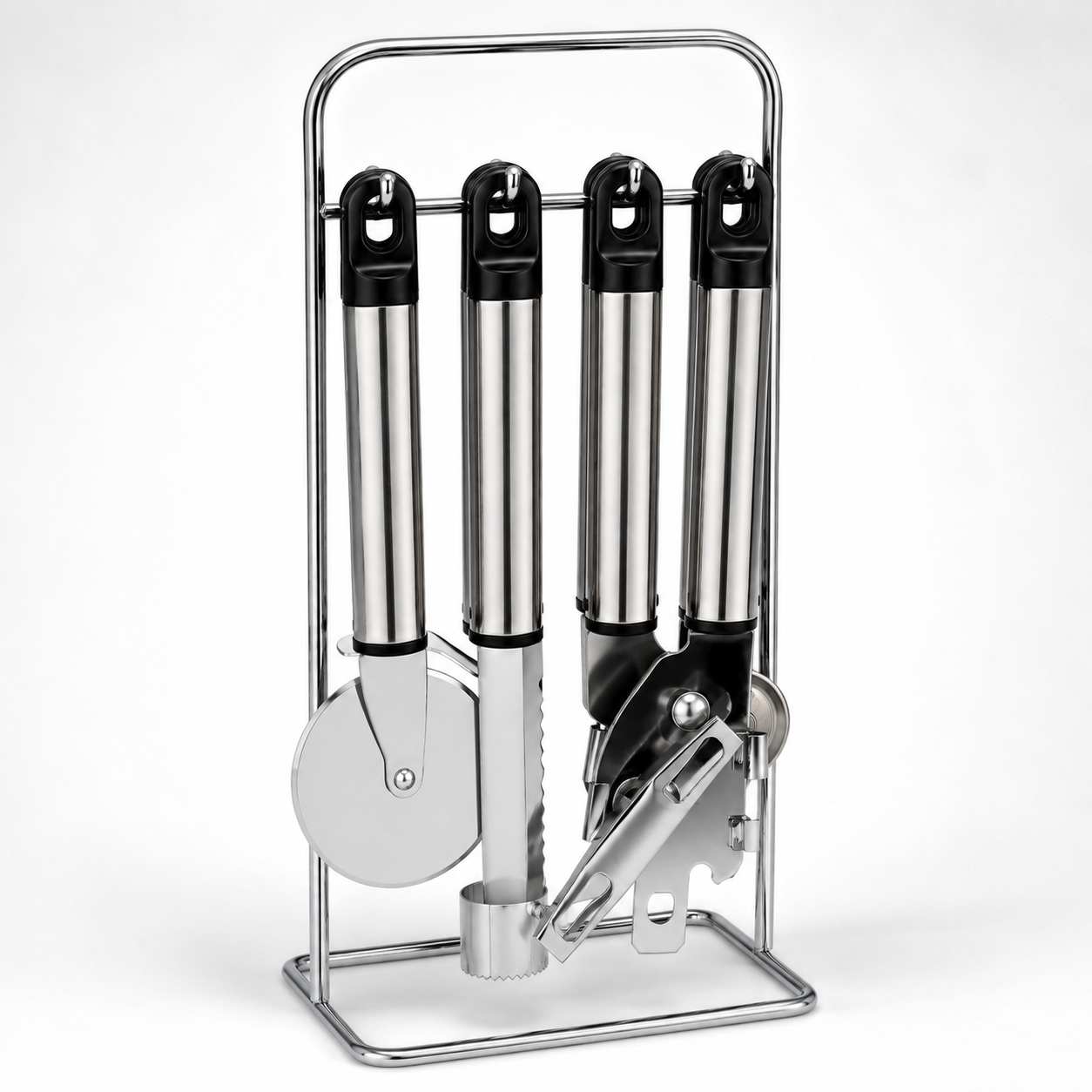 8 Piece Stainless Steel Kitchen Utensil Set with Chrome Wire Stand – Pizza Cutter, Can Opener, Peeler, Corer, Ice Cream Scoop, Knife & Bottle Opener – Space Saving Countertop Organizer