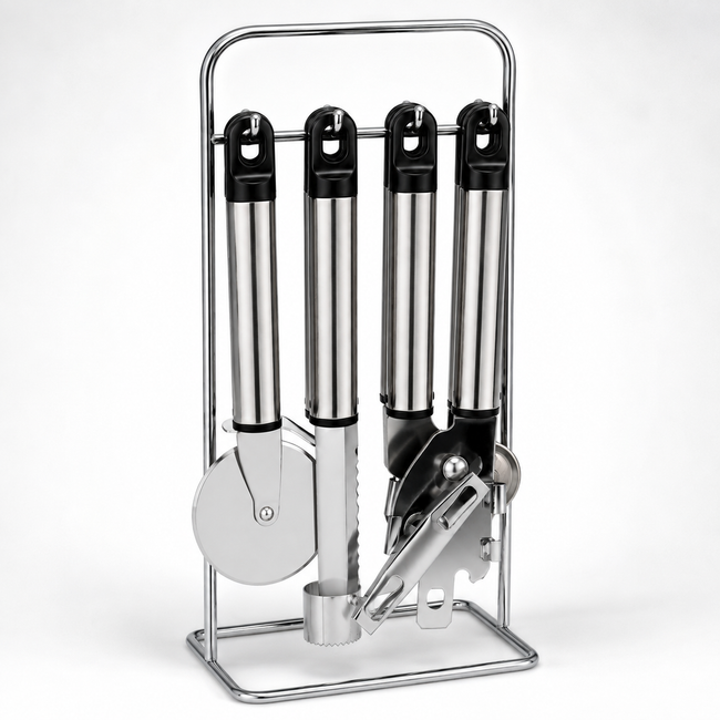 8 Piece Stainless Steel Kitchen Utensil Set with Chrome Wire Stand – Pizza Cutter, Can Opener, Peeler, Corer, Ice Cream Scoop, Knife & Bottle Opener – Space Saving Countertop Organizer