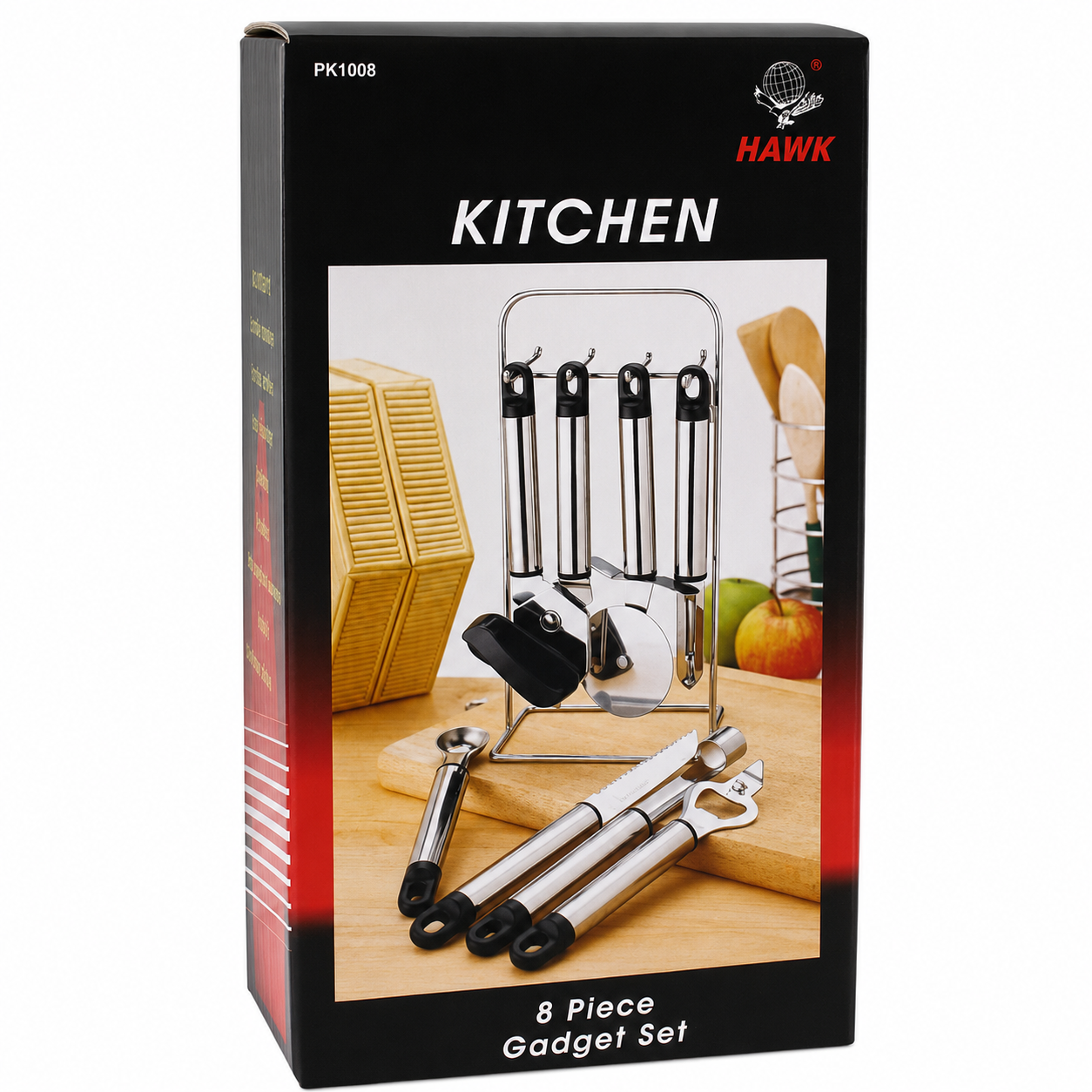 8 Piece Stainless Steel Kitchen Utensil Set with Chrome Wire Stand – Pizza Cutter, Can Opener, Peeler, Corer, Ice Cream Scoop, Knife & Bottle Opener – Space Saving Countertop Organizer