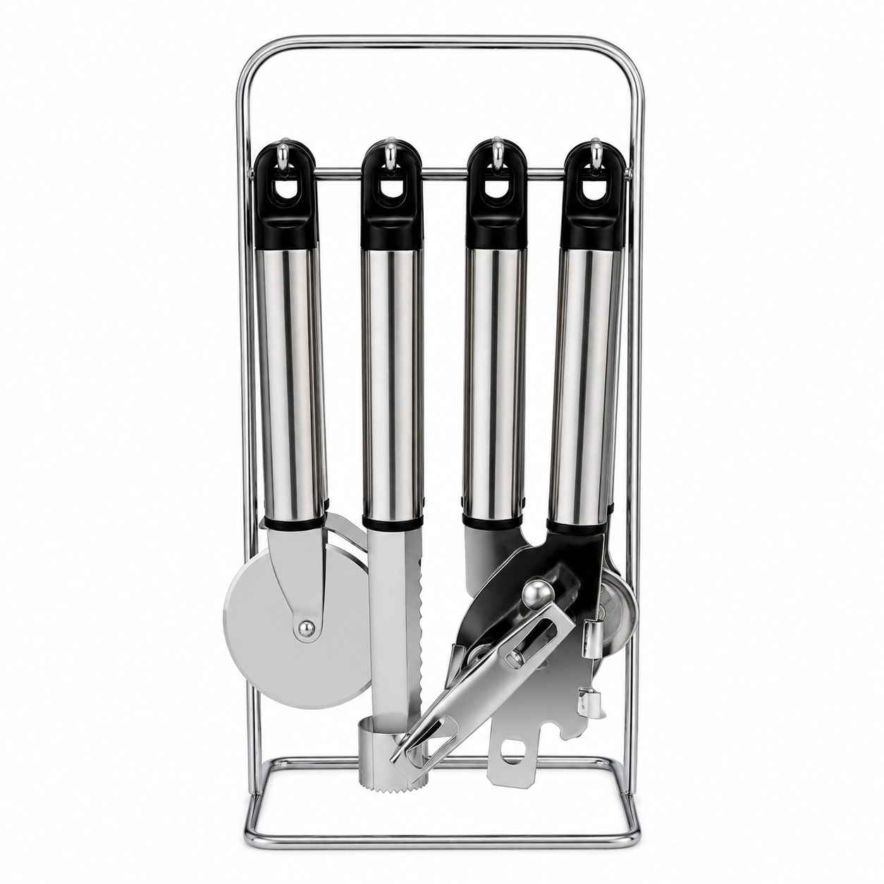 8 Piece Stainless Steel Kitchen Utensil Set with Chrome Wire Stand – Pizza Cutter, Can Opener, Peeler, Corer, Ice Cream Scoop, Knife & Bottle Opener – Space Saving Countertop Organizer