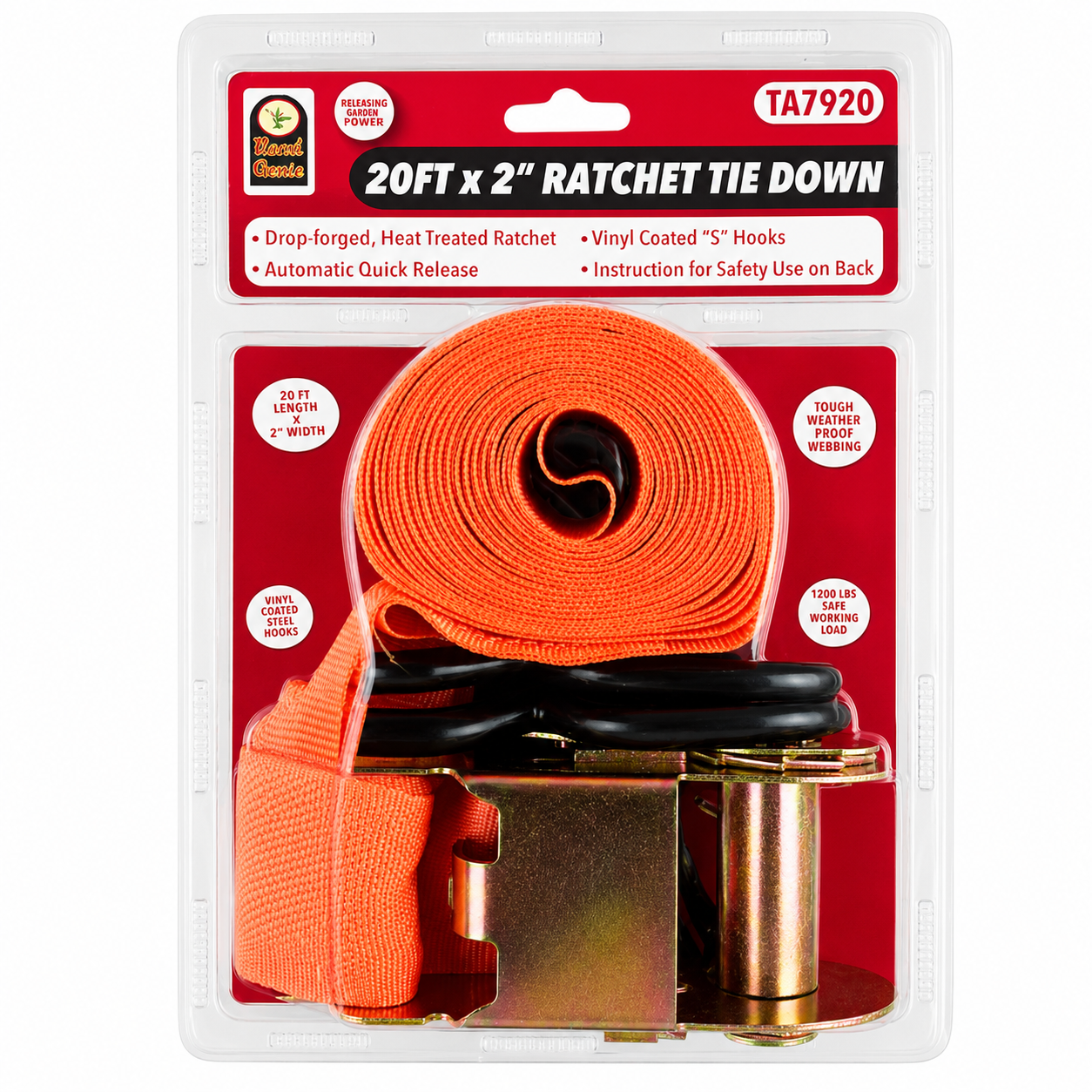 20' x 2" Heavy Duty Ratchet Tie Down Straps with Steel Hooks and Quick Release Buckle – 1500 lb