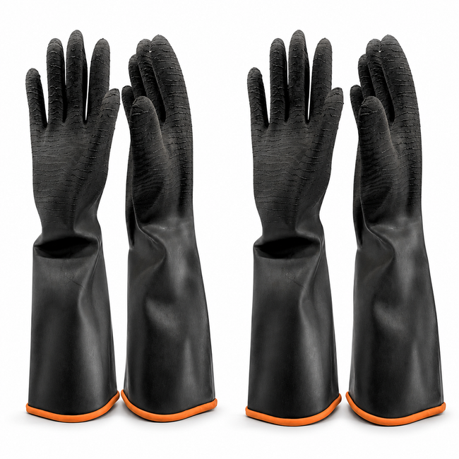 18 Inch Heavy-Duty Black Rubber Gloves, Crinkle Grip Finish, Rolled Cuff, Extra Large, Long Chemical & Industrial Work Gloves (Pack of 2 Pairs) - GLLP-19918-Z02