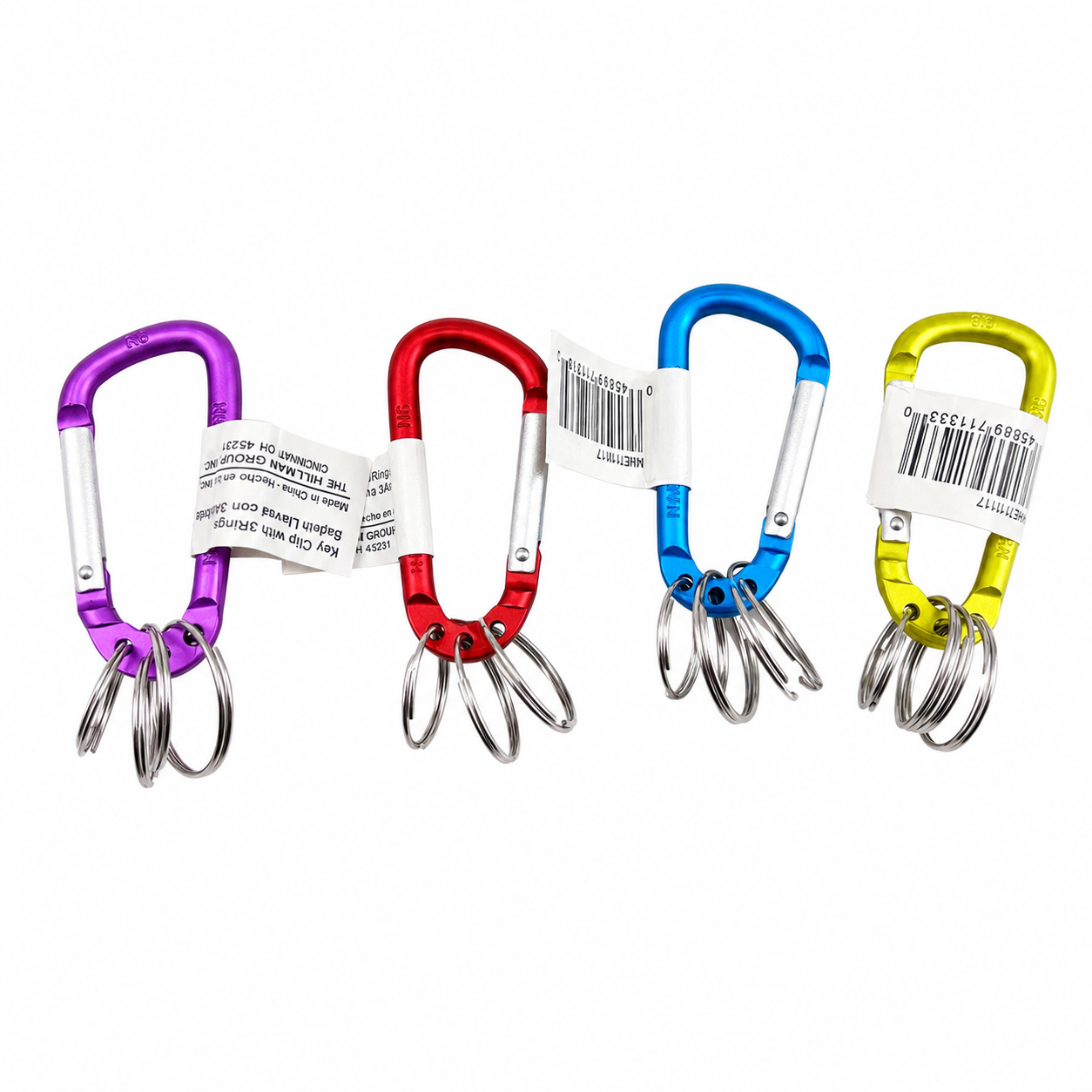 4-Pack Aluminum Carabiner Keychain Clips with 3 Split Rings Each, Lightweight Spring Gate Key Ring Clips for Keys, Backpacks, ID Badges, Camping & Everyday Carry, Assorted Colors