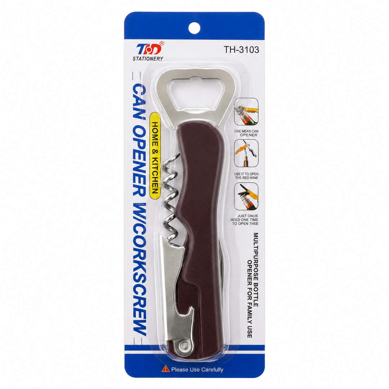5-1/2 Inch Multipurpose Bottle Opener with Corkscrew and Folding Knife Blade, Stainless Steel Components, Compact Pocket Bar Tool for Wine, Beer and Soda Bottles, Burgundy Handle