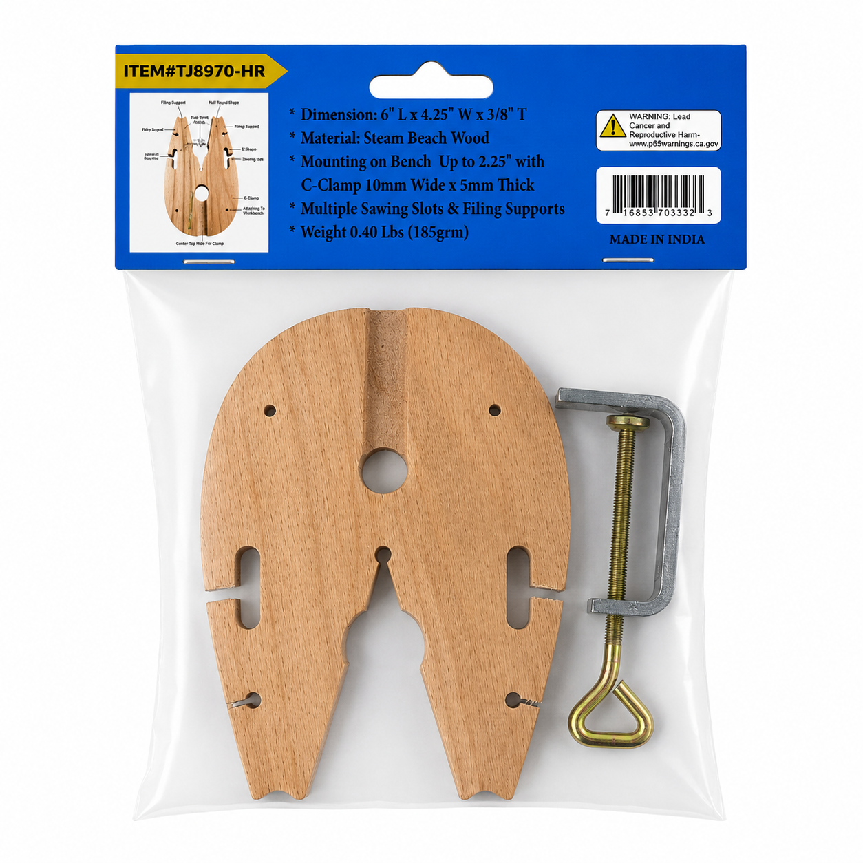 Horse Bench Pin with C-Clamp – Steam Beech Wood Jewelry Bench Pin, 6" x 4.25", Bench Mount Filing & Sawing Support for Jewelers, Metalsmiths, Wood Carvers & Hobby Crafts