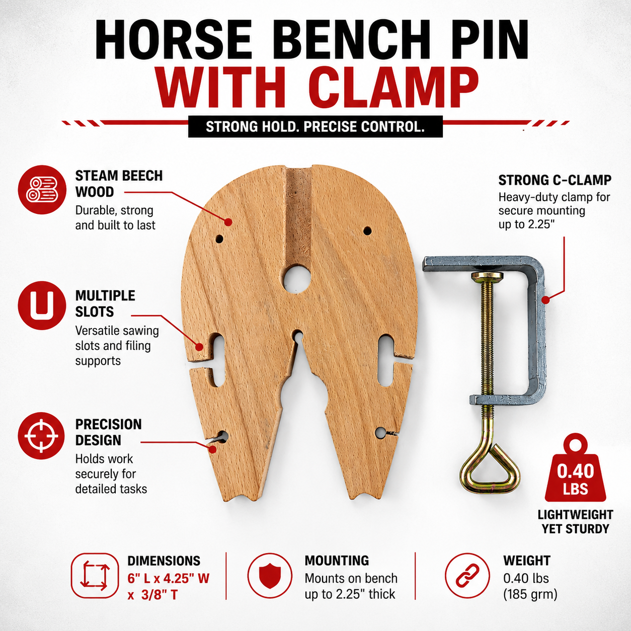 Horse Bench Pin with C-Clamp – Steam Beech Wood Jewelry Bench Pin, 6" x 4.25", Bench Mount Filing & Sawing Support for Jewelers, Metalsmiths, Wood Carvers & Hobby Crafts